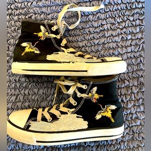 High Top Canvas Sneakers with Embroidered Cranes & Waves- Asian Influence